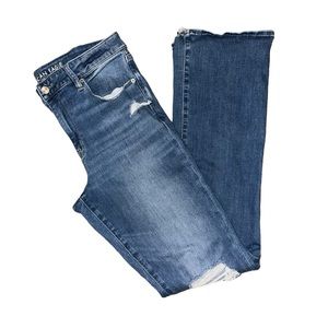 American Eagle Outfitters Hi-Rise Skinny Kick Distressed Blue Jeans 14 X-Long